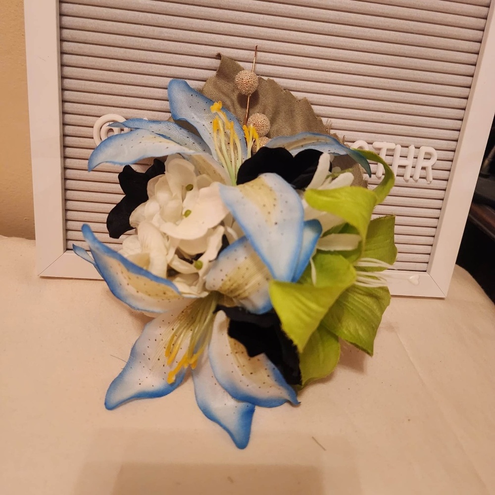 Floral Blue Lily, Black Flowers & Glitter Berries Handmade Hair Clip